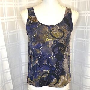 Harari Asian Floral and Crane 100% Silk Sleeveless Tank Top Size Small
